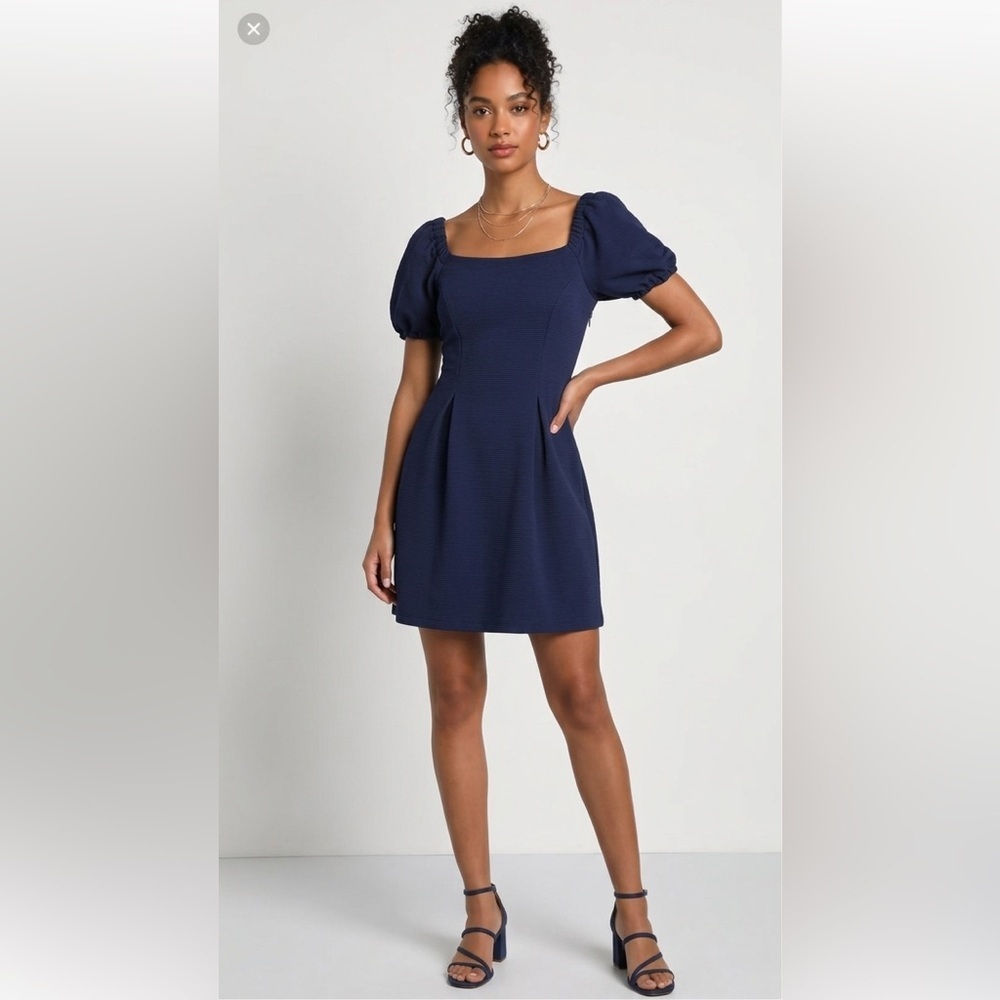 LEYDEN Navy Blue Ribbed Puff Sleeve Mini Dress Size XS